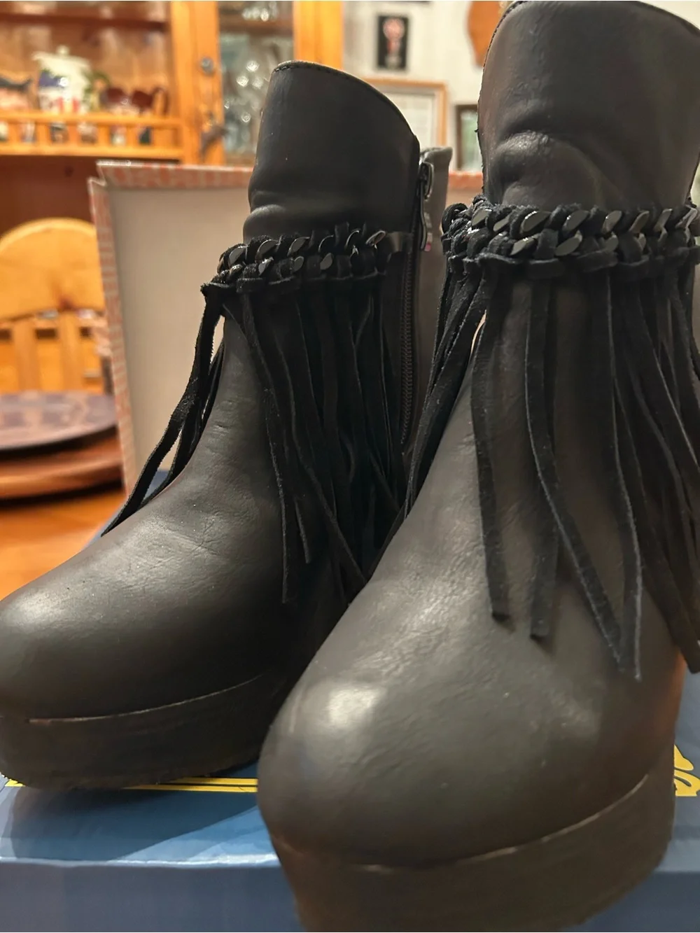 Sbicca Black Fringe Platform Wedge Ankle Boot